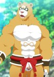 anthro asian_clothing barazoku biped brown_body bulge clothing east_asian_clothing fundoshi humanoid_hands japanese_clothing kemono male muscular muscular_male solo underwear white_body white_clothing white_fundoshi white_underwear kecom genshin_impact mihoyo guoba_(genshin_impact) bear mammal 2021 hi_res