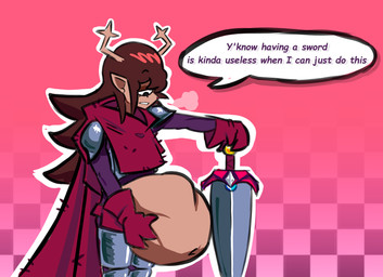 anthro antlers armor belly big_belly brown_hair cape clothing eyelashes gloves hair handwear horn knight long_hair melee_weapon purple_clothing red_cape red_clothing red_gloves red_handwear red_nose shoulder_pads sword tan_body text vore warrior weapon blimpyslimpy fan_character deer mammal english_text hi_res trans_(lore)