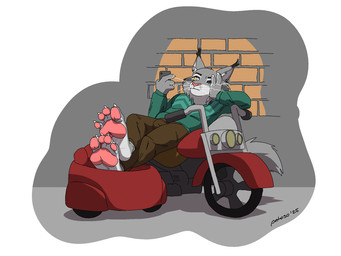 4_toes anthro barefoot bottomwear brick brick_wall brown_bottomwear brown_clothing brown_pants cellphone cigarette claws clothed clothing electronics feet female foot_fetish foot_focus fur green_clothing green_topwear grey_body grey_fur holding_object hoodie humanoid_feet male motorcycle multicolored_body pants pawpads paws phone pink_pawpads plantigrade simple_background sitting smile soles solo toe_claws toes topwear vehicle wall_(structure) yellow_eyes patoso disney zootopia pawbert_lynxley felid feline lynx mammal 4:3 hi_res