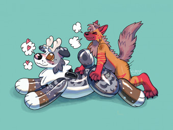 :3 >_< air_valve ambiguous_gender ambiguous_penetrated anthro antlers black_nose blush breath brown_body brown_eyes cheek_tuft closed_smile duo eyes_closed facial_tuft fangs floppy_ears folded_ears fur gloves_(marking) grey_body hair handles_on_back heart_symbol horn inflatable leg_markings looking_pleasured lying male male/ambiguous male_anthro male_penetrating male_penetrating_ambiguous markings mottled mottled_nose mouth_closed multicolored_body multicolored_fur nude_anthro nude_male on_front orange_body orange_fur penetration pink_inner_ear pink_nose pool_toy purple_body purple_fur purple_hair purple_tail red_body red_fur red_inner_ear red_markings red_stripes sex shadow simple_background smile socks_(marking) spots spotted_body spotted_fur spotted_markings spotted_tail stripes tail tail_markings teal_background teeth tuft two_tone_nose white_body birdpaw_(artist) animate_inanimate canid canine canis deer domestic_dog hybrid hyena living_inflatable living_pool_toy mammal striped_hyena 2026 digital_drawing_(artwork) digital_media_(artwork) english_description full-length_portrait hi_res portrait