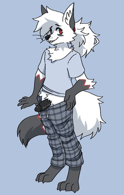 4_toes 5_fingers anthro balls barefoot biped black_nose black_penis blue_background blue_clothing blue_shirt blue_topwear bottomwear bottomwear_pull claws clothed clothed_anthro clothed_male clothing clothing_pull digitigrade erection eyebrows feet finger_claws fingers fur genitals grey_body grey_bottomwear grey_clothing grey_eyebrows grey_fur grey_pants grin grinning_at_viewer hair humanoid_genitalia humanoid_penis inner_ear_fluff looking_at_viewer male multicolored_body multicolored_fur no_underwear pajamas pants pants_pull pattern_bottomwear pattern_clothing pattern_pants penis plaid plaid_bottomwear plaid_clothing plaid_pants ponytail presenting presenting_penis presenting_to_viewer red_eyes shirt simple_background smile smiling_at_viewer solo standing tail toe_claws toes topwear tuft whiskers white_body white_fur white_hair bittenbun canid canine mammal full-length_portrait portrait