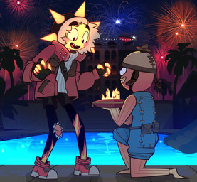 5_fingers anthro black_bottomwear black_clothing black_eyes black_leggings black_legwear black_shorts blue_bottomwear blue_clothing blue_shorts blue_topwear blue_vest blush bottomwear clothed clothing crown duo fingers fireworks footwear grey_clothing grey_sweater grey_topwear headgear humanoid_on_anthro jacket kneeling leggings legwear looking_down looking_up male male/male marriage_proposal on_one_knee open_clothing open_jacket open_topwear orange_body orange_clothing orange_leggings orange_legwear orange_scales pink_cheeks red_clothing red_footwear red_jacket red_shoes red_topwear scales shoes shorts smile standing sweater swimming_pool topwear torn_clothing torn_leggings torn_legwear vest white_clothing white_footwear white_shoes yellow_body yellow_scales canaryprimary epic_games fortnite fishstick_(fortnite) sunspot_(fortnite) aquatic fish humanoid sun_humanoid 2025 hi_res