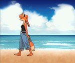 anthro barefoot beach braided_hair braided_pigtails breasts clothing cloud cloudy_sky feet female footwear freckles hair pigtails sea shoes sky smile solo toes walking water furrhea patricia_mac_sionnach canid canine fox mammal 2d_animation animated