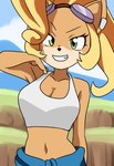 anthro big_breasts blonde_hair breasts cleavage clothed clothing crop_top ear_piercing eyewear female fur goggles green_eyes hair midriff navel piercing shirt smile solo topwear aokushan activision crash_bandicoot_(series) coco_bandicoot bandicoot mammal marsupial hi_res