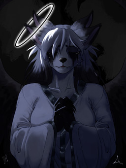 4_ears anthro black_wings bodily_fluids clothed clothing crying darkness eyes_closed female fur multi_ear simple_background solo tears white_body white_fur wings lazaxus sayuri_kurogane angel canid canine canis fallen_angel mammal wolf 3:4 absurd_res hi_res