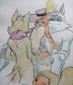 anal anal_penetration anthro balls bodily_fluids cheek_tuft claws clothing dominant facial_markings facial_tuft fluffy from_front_position fur fuzzy genitals green_eyes group group_sex half-closed_eyes hand_on_leg hat head_markings headgear headwear holding_both_legs humanoid_genitalia humanoid_penis larger_dom larger_male leg_grab looking_pleasured makeup male male/male markings mask_(marking) narrowed_eyes neck_tuft nude on_bottom on_top open_mouth orange_body orange_fur penetration penis red_eyes reverse_cowgirl_position running_makeup saliva sex sitting size_difference slim smaller_male smaller_penetrated smile smirk standing straddling submissive threesome trio tuft white_body white_fur yellow_body yellow_fur ranranparadoxx dreamworks puss_in_boots_(franchise) death_(puss_in_boots) puss_in_boots_(dreamworks) teemo_the_yiffer canid canine canis domestic_cat felid feline felis mammal tabby_cat wolf traditional_media_(artwork)