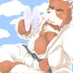 anthro belly biped bodily_fluids brown_body brown_fur bulge clothing fur humanoid_hands male moobs navel overweight overweight_anthro overweight_male robe sitting solo sweat summer_(artist) morenatsu juuichi_mikazuki bear mammal 1:1 2012