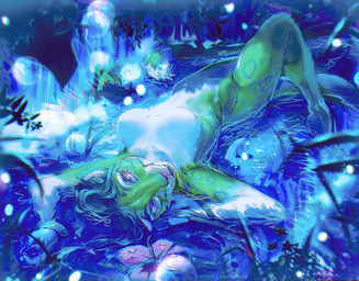 anthro biped breasts countershade_fur countershade_torso countershading female flower forest fur green_body green_fur lying markings nude on_back partially_submerged plant solo spots spotted_body spotted_fur tree momobeda felid leopard mammal pantherine