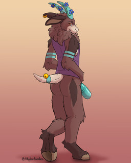 accessory animal_genitalia animal_penis anthro arm_markings bedroom_eyes bell blue_flower blue_penis blush brown_body brown_fur chest_tuft clothing cloven_hooves ear_piercing equine_genitalia equine_penis eyewear flower flower_accessory fur furgonomics genitals glasses gold_(metal) gold_jewelry gradient_background gradient_penis hooves horn horn_accessory jewelry looking_at_viewer male markings narrowed_eyes neck_tuft penis piercing plant purple_clothing purple_shirt purple_topwear ring_piercing seductive shirt short_tail simple_background sleeveless_shirt solo tail tail_accessory tank_top topwear tuft skylardoodles clover_(eclipse_the_panther) bovid caprine goat mammal hi_res shaded