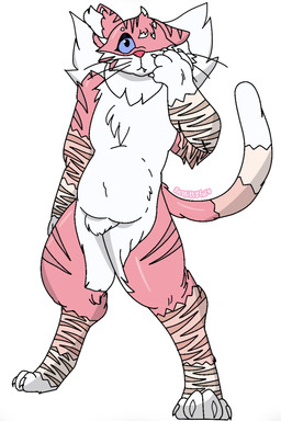 1_eye adolescent anthro biped chest_tuft claws digitigrade fangs female flat_chested fur head_tuft inner_ear_fluff mane markings nude paws pink_body pink_fur simple_background slightly_chubby solo standing striped_markings stripes teeth text tuft whiskers white_background young young_female justkittyful pseudo_kittiest domestic_cat felid feline felis mammal artist_name digital_media_(artwork) hi_res watermark