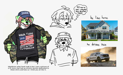 ambiguous_gender american_flag anthro baseball_cap black_bottomwear black_clothing black_shirt black_shorts black_t-shirt black_topwear blue_baseball_cap bottomwear building camo_jacket clothed clothed_anthro clothing eye_through_hair eyebrow_through_hair eyebrows fast_food_employee fast_food_uniform fur green_body green_fur hair hat headgear headwear house light_truck pickup_truck pink_hair real shirt shorts solo t-shirt text thought_bubble tongue tongue_out topwear translucent translucent_hair truck united_states_of_america vehicle domesticatedmeatpig 9/11 ford_f150 hawk_tuah_meme mcdonald's canid canine mammal 2024 bust_portrait digital_drawing_(artwork) digital_media_(artwork) english_description english_text half-length_portrait portrait sketch three-quarter_portrait male_(lore)