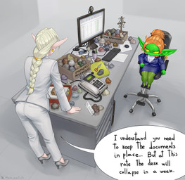 blonde_hair box braided_hair braided_ponytail chair clothing computer container desk dialogue duo electronics female footwear furniture glaring green_body green_skin hair high_heels humanoid_pointy_ears not_furry office office_chair phone pointy_ears ponytail rock shoes shortstack size_difference spreadsheet table text mario-grant elf_supervisor_(mario-grant) ms._nasbh'ke_(mario-grant) elf goblin humanoid 2026 english_text hi_res