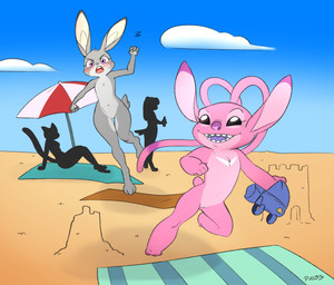 3_toes 4_fingers antennae_(anatomy) antennae_markings anthro beach beach_blanket beach_umbrella belt biped black_eyes blush bodily_fluids chasing chest_markings clothing day duo_focus ear_markings eyebrows eyelashes feet female fingers fur genitals grey_body grey_fur group holding_clothing holding_object long_antennae long_ears looking_at_another markings navel nude open_mouth open_smile outside parasol pink_body pink_fur pink_tongue purple_eyes purple_markings purple_nose purple_tongue raised_eyebrow running sand_castle sculpture scut_tail short_tail silhouette small_tail smile sweat sweatdrop tail toes tongue vulva white_markings pucco disney lilo_and_stitch zootopia angel_(lilo_and_stitch) judy_hopps alien canid canine canis domestic_cat domestic_dog experiment_(lilo_and_stitch) felid feline felis lagomorph leporid mammal rabbit 2025 absurd_res crossover digital_drawing_(artwork) digital_media_(artwork) hi_res signature