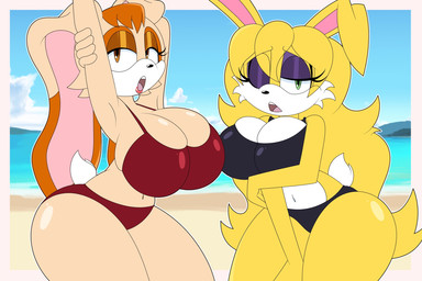 anthro beach big_breasts big_ears black_clothing black_nose black_swimwear blonde_hair border breasts brown_eyes brown_eyeshadow cheek_tuft cleavage clothed clothing cloud dipstick_ears duo ear_markings eyelashes eyeshadow facial_tuft female floppy_ears front_view fur green_eyes hair head_tuft huge_breasts long_ears long_hair looking_at_viewer lop_ears makeup multicolored_ears navel one_eye_closed open_mouth purple_eyeshadow red_clothing red_swimwear sea sky stretching swimwear tan_body tan_fur thick_thighs tuft water white_body white_border white_fur wide_hips yellow_body yellow_fur blakey sega sonic_the_hedgehog_(series) bunnie_rabbot vanilla_the_rabbit lagomorph leporid mammal rabbit hi_res