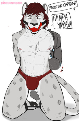 anthro ball_gag bdsm bodily_fluids bulge clothing gag gagged gagspeak male mostly_nude muffled speedo struggling sweat swimwear smallsavant felid mammal pantherine snow_leopard absurd_res hi_res
