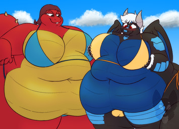 anthro back_wings belly big_belly big_breasts bikini biped blue_bikini blue_body blue_clothing blue_countershading blue_scales blue_sky blue_swimwear blush breasts bulge clothed clothing countershade_scales countershade_torso countershading crossdressing day deep_navel detailed_bulge duo eyewear female female_anthro glasses hair huge_belly huge_breasts male male_anthro morbidly_obese morbidly_obese_anthro morbidly_obese_female morbidly_obese_male navel obese obese_anthro obese_female obese_male overweight overweight_anthro overweight_female overweight_male rectangular_glasses red_blush red_body red_eyes red_hair red_scales scales sky swimwear two-piece_swimsuit white_clouds white_hair wings yellow_bikini yellow_body yellow_clothing yellow_countershading yellow_scales yellow_swimwear strawberrymilkdog mythology rialig dragon mythological_creature mythological_scalie scalie 2023 hi_res busty_boy_(lore)