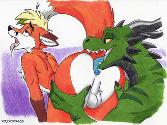 anal anthro anthro_on_anthro anthro_rimming_anthro arched_back backsack balls bedroom_eyes blonde_hair blue_tongue bodily_fluids butt claws countershade_face countershade_torso countershading dipstick_ears dipstick_tail dominant dominant_anthro dominant_male ear_markings ears_back fur genitals gloves_(marking) green_body green_scales hair hand_on_butt horn looking_pleasured male male/male male_on_anthro male_rimming_male markings multicolored_ears narrowed_eyes open_mouth oral orange_body orange_fur perineum pivoted_ears rimming saliva saliva_on_tongue saliva_string scales seductive sex sharp_teeth submissive submissive_anthro submissive_male sweat sweatdrop tail tail_markings teeth tongue tongue_out zaeryn mythology canid canine dragon fox mammal mythological_creature mythological_scalie red_fox scalie true_fox 2025 dated hi_res signature traditional_media_(artwork)