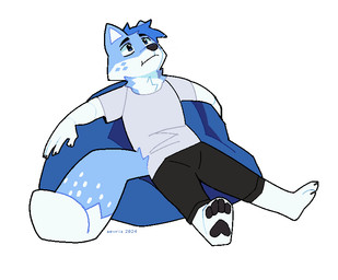 4_toes anthro barefoot bean_bag black_bottomwear black_clothing black_eyes black_nose black_pants black_pawpads blue_body blue_fur blue_hair bottomwear chest_tuft clothing feet fluffy_fur fur hair leaning leaning_backward looking_away male pants pawpads shirt simple_background sitting solo spread_eagle toes topwear tuft white_background white_body white_clothing white_fur white_inner_ear white_shirt white_topwear aevris itztaken canid canine mammal unknown_species 2024 2d_animation animated loop