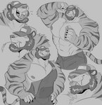 abs anthro barazoku beard biceps big_muscles blep body_hair bottomwear chest_tuft clothed clothing facial_hair fangs flexing fur grin hat hat_over_eyes headgear headwear male manly muscular muscular_anthro muscular_male nipples open_mouth overalls pants pecs sabertooth_(anatomy) sharp_teeth simple_background smile solo striped_body striped_fur stripes tail teeth tongue tongue_out topless trucker trucker_hat tuft polartoons bruce_(ara_chibi) felid mammal pantherine prehistoric_species saber-toothed_tiger tiger absurd_res hi_res monochrome sketch_page