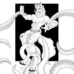anthro arm_scar bdsm bondage bound chest_scar claws clenched_teeth clothed clothing ears_up eye_scar facial_scar fangs feral fist fur inner_ear_fluff leg_scar male muscular muscular_anthro muscular_male narrowed_eyes nipples paws pecs restrained restrained_by_tentacles scar solo teeth tentacles toe_claws tuft underwear underwear_only marcushunter elden_ring fromsoftware blaidd_(elden_ring) aquatic canid canine canis cephalopod coleoid mammal mollusk octopodiform octopus wolf 1:1 2023 hi_res monochrome