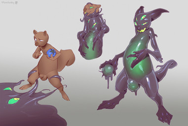 4_eyes 4_fingers 4_toes ambiguous_gender animal_genitalia anthro assimilation balls belly blue_eyes dripping_bulge duo ears_back feet fingers food fruit genitals glistening glistening_arms glistening_belly glistening_bulge glistening_eyes glistening_face glistening_goo glistening_hands glistening_snout glistening_tongue goo_drip goo_transformation green_eyes green_mouth holding_belly holding_food holding_fruit holding_object hypnotic_eyes latex latex_tongue latex_transformation liquid_latex long_tongue looking_at_viewer looking_down looking_down_at_another looking_up_at_another male male/ambiguous multi_eye penis pivoted_ears plant sheath simple_background skindentation smile smiling_at_viewer tail toes tongue transformation plumlucky goo_creature latex_creature species_request hi_res
