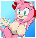 5_fingers anthro areola big_breasts bikini bikini_bottom breasts clothed clothing feet female fingers gesture hair looking_at_viewer navel nipples open_mouth outside pink_body simple_background smile solo swimwear toes topless topless_anthro two-piece_swimsuit waving sonicguru sega sonic_the_hedgehog_(series) amy_rose eulipotyphlan hedgehog mammal 2024 digital_media_(artwork) hi_res