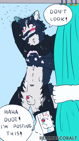 animal_genitalia anthro balls caught duo embarrassed exhibitionism exposed genitals humiliation male male/male nude penis recording sheath shower soap water wet remmus_cobalt canid canine dire_wolf mammal prehistoric_species 4k 9:16 absurd_res hi_res