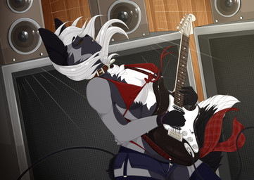 anthro bottomwear bra breasts cleavage clothed clothing collar electric_guitar female guitar musical_instrument playing_guitar playing_music plucked_string_instrument shorts solo string_instrument thong underwear lovepuma69 fender_musical_instruments_corporation stratocaster canid canine mammal species_request 2017 hi_res