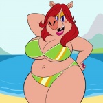 anthro beach big_breasts bikini blue_eyes breasts cleavage clothed clothing detailed_background eyelashes female hair huge_breasts lipstick makeup on_model outside overweight overweight_anthro overweight_female red_hair sand seaside sky smile solo swimwear two-piece_swimsuit wide_hips lonbluewolf mighty_magiswords queen_porcina domestic_pig mammal suid suine sus_(pig) 1:1