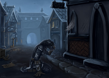 3_toes 4_fingers abandoned anthro barefoot black_hair black_nose bodily_fluids breasts building claws clothed clothing crying fangs feet female finger_claws fingers fog fur gloves grey_body grey_fur hair handwear hindpaw humanoid_hands kneeling outside paws solo tears teeth toe_claws toes elliera blizzard_entertainment warcraft canid mammal werecanid werecreature worgen 2024 hi_res