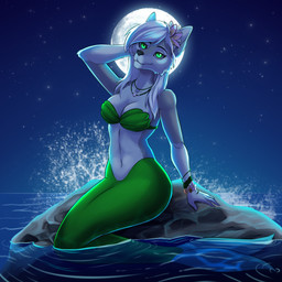 accessory anthro bare_shoulders bra breasts cleavage clothed clothing female flower flower_bracelet flower_in_hair full_moon glowing glowing_eyes green_body green_bra green_clothing green_eyes green_scales green_tail green_underwear hair hair_accessory hand_behind_head jewelry long_hair mermaid_tail moon navel necklace night on_rock outside partially_submerged plant pose rock scales sea seashell_bra sitting sitting_on_rock sky solo split_form star strapless_bra strapless_clothing strapless_underwear tail underwear water white_hair belassa mermay mermay_2025 nyra_(rikuthemermage) aquatic canid canine canis mammal merfolk siren wolf 1:1 absurd_res hi_res