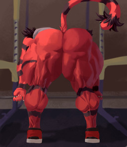 5_fingers anthro big_butt black_stripes butt claws clothing fingers footwear footwear_only male markings mostly_nude muscular muscular_anthro muscular_legs muscular_male muscular_thighs rear_view red_clothing red_footwear red_shoes shoes shoes_only solo striped_arm striped_markings striped_tail stripes tail tail_markings weights white_claws masedumpy nintendo pokemon generation_7_pokemon incineroar pokemon_(species) 2026 digital_drawing_(artwork) digital_media_(artwork) english_description hi_res