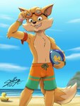 anthro ball beach beach_ball bottomwear clothing eyewear goggles inflatable male seaside solo swimming swimming_goggles swimming_trunks swimwear sagadreams hi-rez_studios paladins_(game) pip pip_(paladins) canid canine fennec_fox fox mammal true_fox hi_res