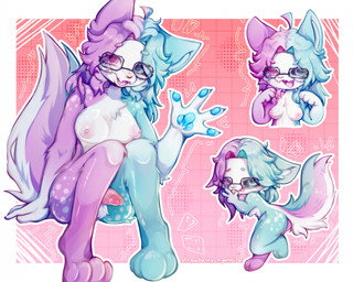 anthro areola balls blue_body blue_eyes blue_fur blue_hair blush bodily_fluids breasts chibi erection eyewear eyewear_only feet fluffy fluffy_tail fur genital_fluids genitals gesture glasses glasses_only glistening glistening_body gynomorph gynomorph_anthro hair heterochromia humanoid_genitalia intersex intersex_anthro medium_breasts multiple_poses nipples nude open_mouth open_smile paw_pose pawpads paws penis pink_body pink_eyes pink_fur pink_genitals pink_nipples pink_penis pose presenting sitting smile solo tail teeth toes tongue tuft waving wearing_glasses white_body strawberrynightmilk canid canine domestic_cat felid feline felis fox mammal hi_res intersex_(lore) trans_(lore) trans_woman_(lore)