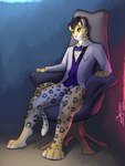 absurd_res anthro belvor black_hair bottomless bottomless_anthro bottomless_male bow_tie brown_spots chair clothed clothing dress_shirt felid fur furniture hair hi_res james_(nao_o'connor) leopard male mammal markings on_chair pantherine shirt sitting sitting_on_chair solo spots spotted_body spotted_fur spotted_markings suit_jacket topwear vest white_body white_fur wide_eyed yellow_body yellow_fur