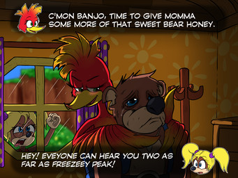 anthro beak black_nose blonde_hair blue_eyes blush blush_lines bodily_fluids brown_body brown_fur countershade_face countershading day dialogue eyebrows feathers female feral fur gloves_(marking) group hair head_tuft imminent_sex inside interspecies looking_at_another looking_at_partner male male/female markings notched_ear open_mouth pigtails red_body red_feathers suggestive tan_body tan_countershading tan_fur tan_markings tears teeth text tongue trio tuft window yellow_beak young young_anthro young_female jumpjump banjo-kazooie rareware banjo_(banjo-kazooie) kazooie tooty avian bear bird breegull mammal 2025 english_text hi_res brother_(lore) brother_and_sister_(lore) sibling_(lore) sister_(lore)