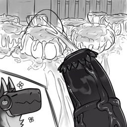 animal_genitalia animal_penis anthro big_penis bodily_fluids cum cum_everywhere cum_on_ground cum_pool equine_genitalia equine_penis food fruit genital_fluids genitals holidays huge_penis machine male messy penis plant pumpkin solo norerex halloween protogen 1:1 hi_res monochrome