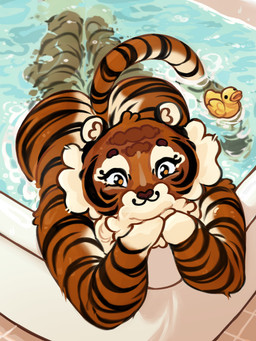 anthro bath bathing bathtub big_butt black_eyes brown_eyebrows butt cheek_tuft circle_eyebrows eyebrows eyelashes facial_markings facial_tuft female floor fur hand_on_face head_markings inner_ear_fluff legs_in_water long_eyelashes looking_at_viewer markings neck_tuft nude nude_anthro nude_female orange_body orange_eyes orange_fur partially_submerged pink_tile pose rubber_duck slightly_chubby solo striped_arms striped_butt striped_face striped_markings striped_tail stripes tail tail_in_water tail_markings tasteful_nudity tile tile_floor tuft water white_hands white_inner_ear white_inner_ear_fluff white_tuft highlandkall naomi_(highlandkall) felid mammal pantherine tiger 2024 3:4 colored digital_drawing_(artwork) digital_media_(artwork) hi_res