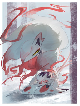 ambiguous_gender anthro claws duo evolutionary_family feral fur grey_body grey_fur grey_hair hair kneeling narrowed_eyes nose_bubble plant red_eyes size_difference sleeping sleeping_on_another snow tail tree yellow_sclera eeeeg nintendo pokemon generation_8_pokemon hisuian_form hisuian_zoroark hisuian_zorua pokemon_(species) regional_form_(pokemon) 2025 3:4 hi_res