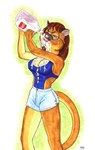 anthro biped bottomwear breasts brown_hair clothed clothing drinking_milk eyewear female glasses hair milk shorts simple_background solo standing rivercoon felid feline mammal 1996 hi_res traditional_media_(artwork)