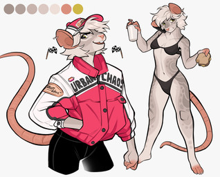 anthro bra breasts clothing female food fur grey_body grey_fur grey_hair hair hairless_tail hand_in_pocket hat headgear headwear holding_food holding_object jacket notched_ear on_phone panties pockets racer sandwich_(food) solo topwear underwear ramahuro mammal murid murine rat rodent absurd_res hi_res model_sheet