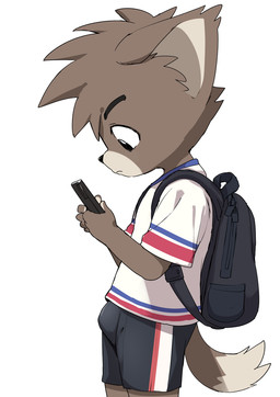 anthro backpack blue_stripes bottomwear brown_body brown_fur bulge clothing electronics fur grey_bottomwear grey_clothing grey_shorts holding_object holding_phone kemono looking_at_object looking_at_phone male multicolored_body multicolored_fur phone red_stripes shirt shorts stripes t-shirt tail topwear two_tone_body two_tone_fur using_phone white_clothing white_shirt white_topwear young young_anthro young_male manmosu_marimo domestic_cat felid feline felis mammal 2026