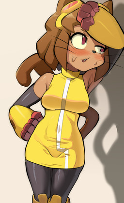 anthro biped black_clothing blush bodily_fluids breasts brown_hair clothed clothing eyewear eyewear_on_head female front_view goggles goggles_on_head hair hand_on_hip shadow solo sweat whiskers nico-mo gameoverse glitch_productions kit_bodega domestic_cat felid feline felis mammal hi_res
