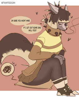 anthro bottomwear cigarette clothed clothed_anthro clothed_female clothing collar female footwear fully_clothed fully_clothed_anthro fully_clothed_female fur hair heart_symbol pointy_ears prick_ears shoes simple_background sitting sitting_on_pillow skirt smoke smoking smoking_cigarette solo speech_bubble spiked_collar spikes tail talking_to_viewer text taintedcan canid canine mammal 2026 absurd_res artist_name digital_drawing_(artwork) digital_media_(artwork) hi_res