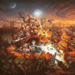 ambiguous_gender anthro armor arrow_(weapon) axe blonde_hair book brown_body brown_hair casting_spell chainmail clothing detailed_background eyewear female food fruit glasses group hair hat headgear headwear holding_axe holding_book holding_melee_weapon holding_object holding_polearm holding_shield holding_spear holding_sword holding_wand holding_weapon holidays magic male melee_weapon moon outside plant plate_armor polearm pumpkin ranged_weapon shield spear sunset sword tree wand weapon windmill wizard_hat young justin_gerard halloween avian bird canid canine canis domestic_dog human living_pumpkin mammal owl 1:1 2022 hi_res