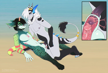 accessory animal_genitalia anthro armlet_(marking) blue_claws blue_eyes blue_inner_ear blue_spikes bodily_fluids chest_scar claws colored_cum countershading cum cum_in_sheath cum_on_own_penis cum_on_penis cum_on_self dipstick_ears duo ear_markings ear_piercing furgonomics genital_fluids genitals gloves_(marking) green_body grey_nipples horn horn_jewelry horn_ring jewelry kissing leaning leaning_backward lidded_eyes looking_down looking_down_at_genitalia looking_down_at_penis male male/male markings multicolored_ears navel nipples nude penile penis penis_in_sheath penis_kissing penises_touching piercing pink_cum pink_stripes ring ring_(jewelry) scar sheath striped_body striped_horn striped_markings striped_tail stripes tail tail_accessory tail_jewelry tail_markings tail_ring tail_tuft toe_claws tuft unusual_bodily_fluids unusual_cum unusual_genital_fluids white_body white_countershading melianah sasha_(yogan) species_request vivigon 2025 hi_res
