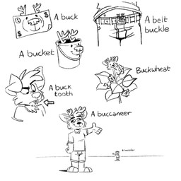 3_toes 4_fingers anthro barefoot belt belt_buckle bottomwear bucket buckle buckteeth buckwheat_(flower) clothing container duo feet fingers male money pants plant shirt shitpost simple_background t-shirt teeth text toes topwear white_background tinydeerguy darwin_(tinydeerguy) matt_riskely canid canine canis deer domestic_dog mammal 1:1 black_and_white english_text hi_res meme monochrome