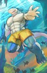 abs amber_eyes anthro biceps big_muscles blue_body blue_skin bottomwear claws clothing detailed_background male muscular muscular_anthro muscular_male pecs red_eyes sharp_teeth shorts smile smirk solo teeth underwater water white_body white_skin cinna-tree fish marine shark absurd_res hi_res