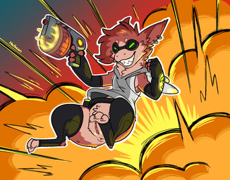 anthro anus biped bottomless bottomless_anthro bottomless_female brown_body brown_fur claws clothed clothing ear_piercing ear_ring explosion eyewear female female_anthro fur genitals goggles grin gun holding_gun holding_object holding_ranged_weapon holding_weapon multicolored_body multicolored_fur piercing ranged_weapon ring_piercing smile solo tan_body tan_fur toe_claws vulva weapon halbean grey_havens spiral_knights remii_(halbean) gremlin_(spiral_knights) mammal 2026 digital_media_(artwork)