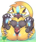 ahegao anthro anus big_breasts blue_eyes blush bodily_fluids breasts butt claws cross-eyed digital_media_(artwork) disembodied_penis drooling duo exclamation_point featureless_breasts feet felid female female_focus female_penetrated fur generation_7_pokemon genitals hi_res humanoid_genitalia humanoid_penis legendary_pokemon looking_pleasured male male/female male_penetrating male_penetrating_female mammal meow nintendo nipple_outline open_mouth paws penetration penile penile_penetration penis penis_in_pussy pokemon pokemon_(species) pussy rabbitbrush saliva sex shaded simple_background solo_focus spread_legs spreading tears tongue tongue_out vaginal vaginal_penetration white_background yellow_body yellow_fur zeraora